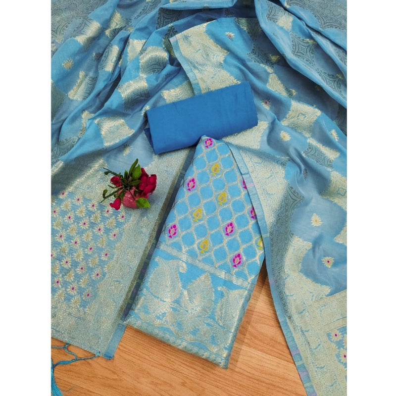 Mayawye Women's Banarasi Silk Printed Unstitched Salwar Suit Material With Dupatta (Sky Blue, 3Mtrs)