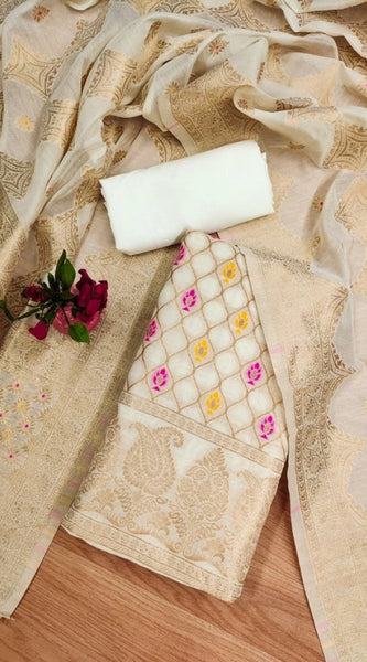 Mayawye Women's Banarasi Silk Printed Unstitched Salwar Suit Material With Dupatta (White, 3Mtrs)