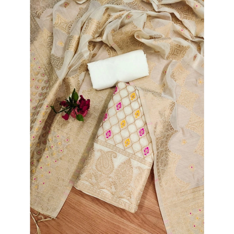 Mayawye Women's Banarasi Silk Printed Unstitched Salwar Suit Material With Dupatta (White, 3Mtrs)