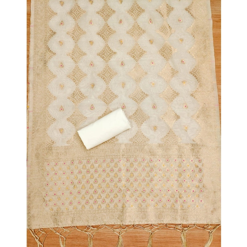 Mayawye Women's Banarasi Silk Printed Unstitched Salwar Suit Material With Dupatta (White, 3Mtrs)