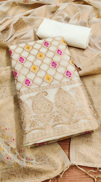 Mayawye Women's Banarasi Silk Printed Unstitched Salwar Suit Material With Dupatta (White, 3Mtrs)