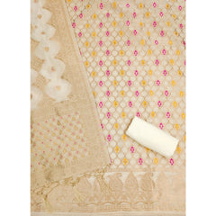 Mayawye Women's Banarasi Silk Printed Unstitched Salwar Suit Material With Dupatta (White, 3Mtrs)