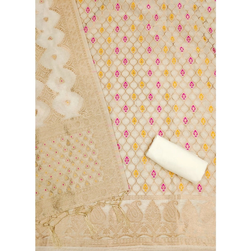 Mayawye Women's Banarasi Silk Printed Unstitched Salwar Suit Material With Dupatta (White, 3Mtrs)