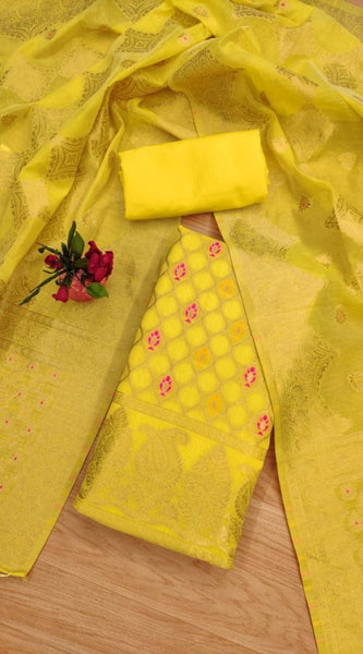 Mayawye Women's Banarasi Silk Printed Unstitched Salwar Suit Material With Dupatta (Yellow, 3Mtrs)