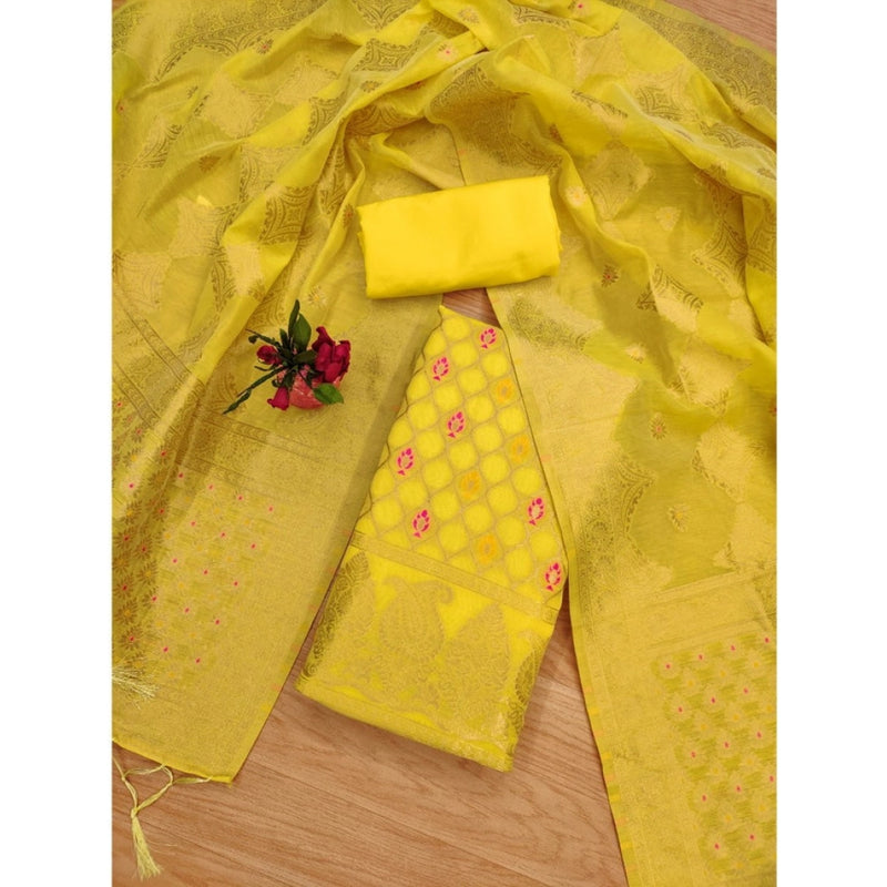 Mayawye Women's Banarasi Silk Printed Unstitched Salwar Suit Material With Dupatta (Yellow, 3Mtrs)