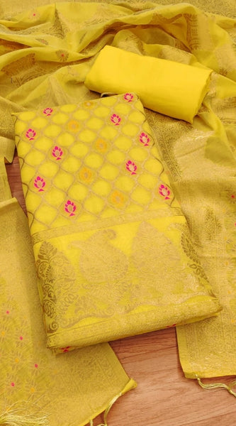 Mayawye Women's Banarasi Silk Printed Unstitched Salwar Suit Material With Dupatta (Yellow, 3Mtrs)