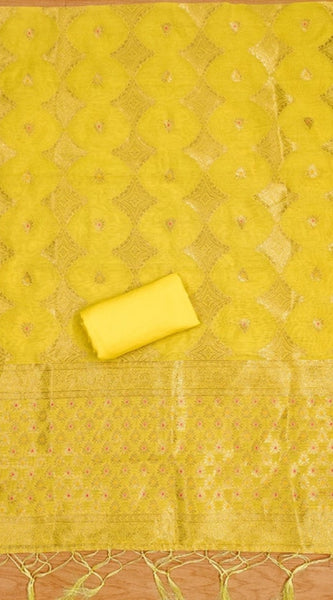 Mayawye Women's Banarasi Silk Printed Unstitched Salwar Suit Material With Dupatta (Yellow, 3Mtrs)