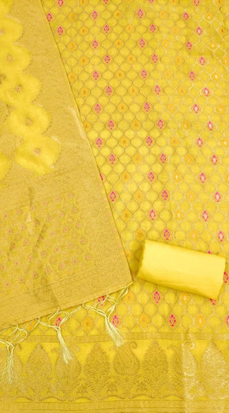 Mayawye Women's Banarasi Silk Printed Unstitched Salwar Suit Material With Dupatta (Yellow, 3Mtrs)