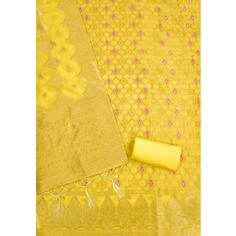 Mayawye Women's Banarasi Silk Printed Unstitched Salwar Suit Material With Dupatta (Yellow, 3Mtrs)
