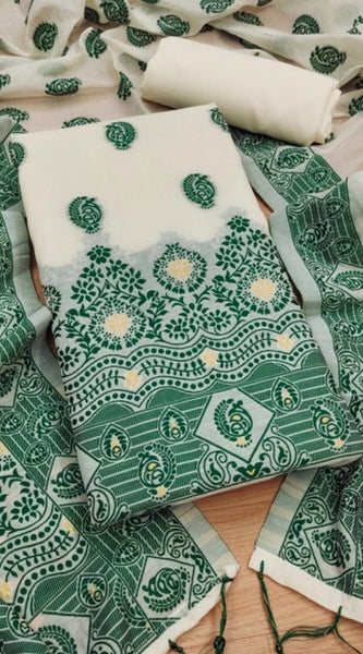 Mayawye Women's Banarasi Silk Printed Unstitched Salwar Suit Material With Dupatta (Bottle Green, 3Mtrs)