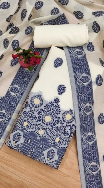 Mayawye Women's Banarasi Silk Printed Unstitched Salwar Suit Material With Dupatta (Navy Blue, 3Mtrs)