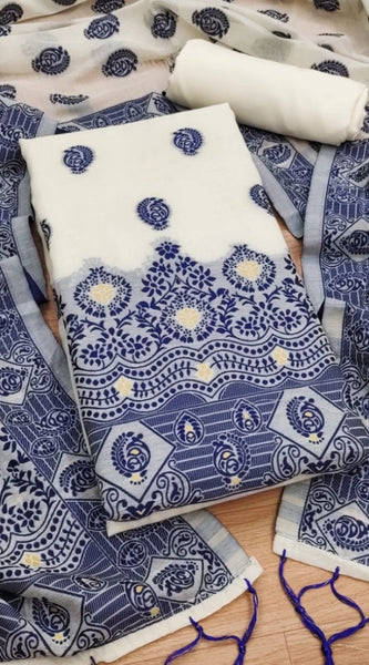 Mayawye Women's Banarasi Silk Printed Unstitched Salwar Suit Material With Dupatta (Navy Blue, 3Mtrs)
