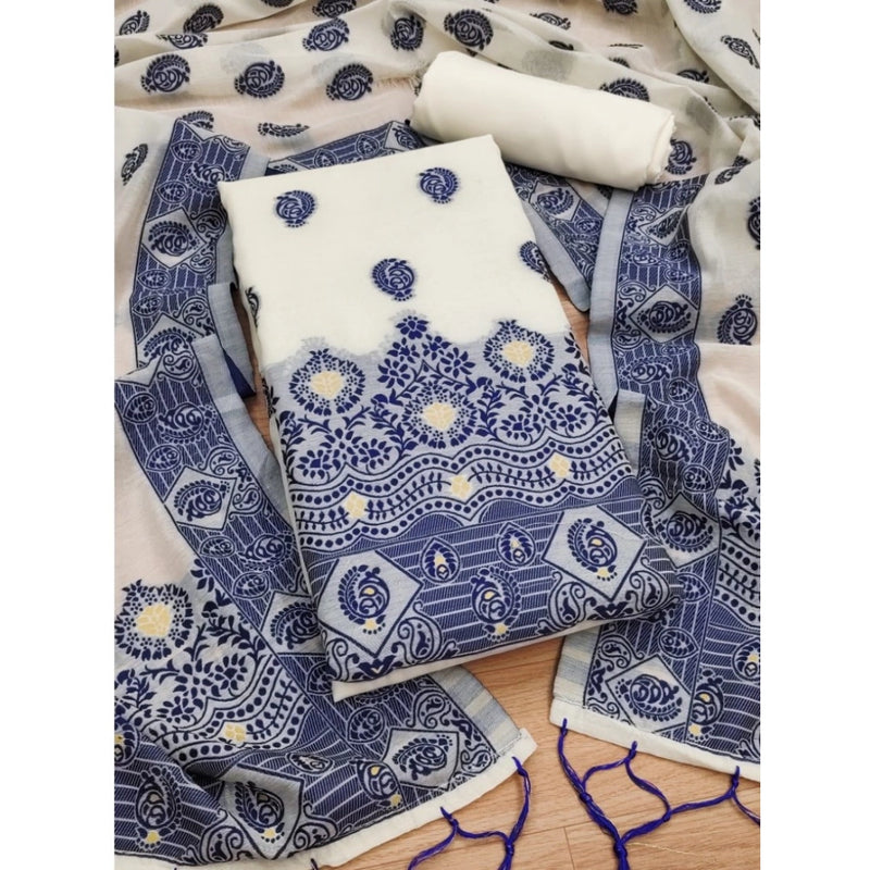 Mayawye Women's Banarasi Silk Printed Unstitched Salwar Suit Material With Dupatta (Navy Blue, 3Mtrs)