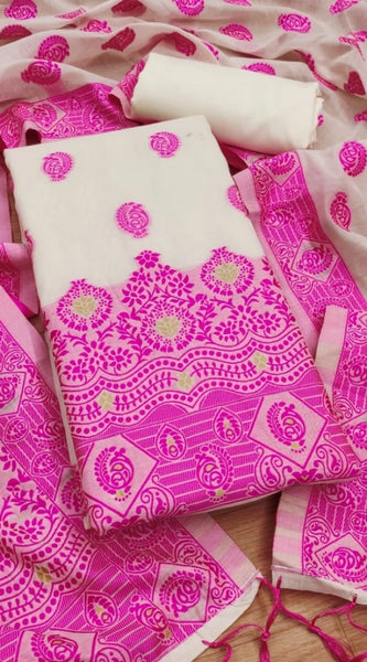 Mayawye Women's Banarasi Silk Printed Unstitched Salwar Suit Material With Dupatta (Pink, 3Mtrs)