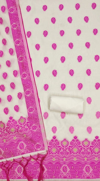 Mayawye Women's Banarasi Silk Printed Unstitched Salwar Suit Material With Dupatta (Pink, 3Mtrs)