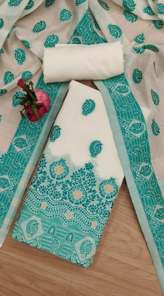 Mayawye Women's Banarasi Silk Printed Unstitched Salwar Suit Material With Dupatta (Teal, 3Mtrs)