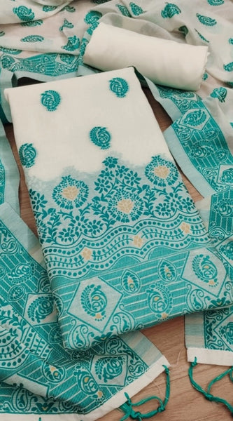 Mayawye Women's Banarasi Silk Printed Unstitched Salwar Suit Material With Dupatta (Teal, 3Mtrs)