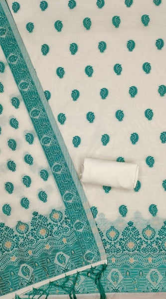 Mayawye Women's Banarasi Silk Printed Unstitched Salwar Suit Material With Dupatta (Teal, 3Mtrs)