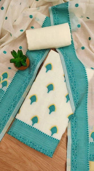 Mayawye Women's Banarasi Silk Printed Unstitched Salwar Suit Material With Dupatta (Teal, 3Mtrs)
