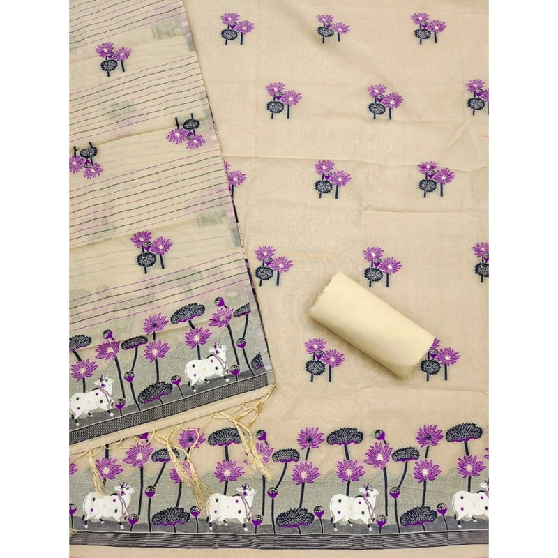 Mayawye Women's Banarasi Silk Printed Unstitched Salwar Suit Material With Dupatta (Cream, 3Mtrs)
