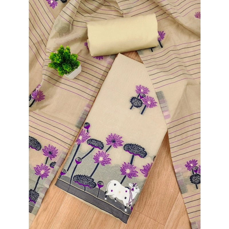 Mayawye Women's Banarasi Silk Printed Unstitched Salwar Suit Material With Dupatta (Cream, 3Mtrs)