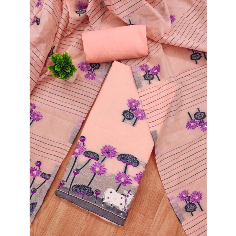 Mayawye Women's Banarasi Silk Printed Unstitched Salwar Suit Material With Dupatta (Peach, 3Mtrs)