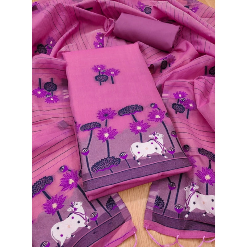 Mayawye Women's Banarasi Silk Printed Unstitched Salwar Suit Material With Dupatta (Pink, 3Mtrs)