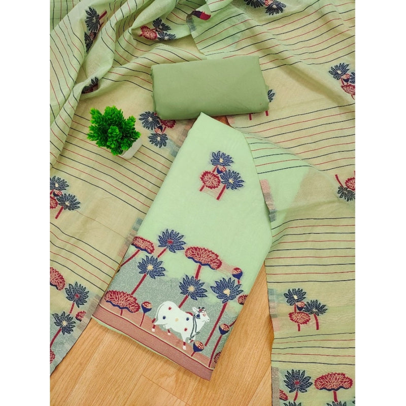 Mayawye Women's Banarasi Silk Printed Unstitched Salwar Suit Material With Dupatta (Pista, 3Mtrs)