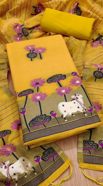 Mayawye Women's Banarasi Silk Printed Unstitched Salwar Suit Material With Dupatta (Yellow, 3Mtrs)