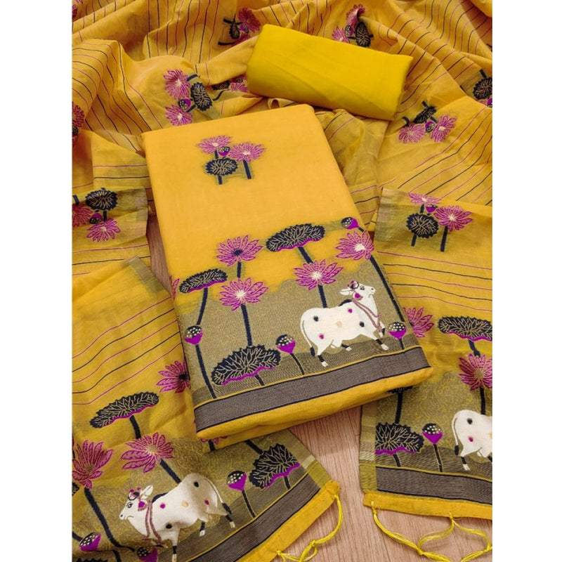 Mayawye Women's Banarasi Silk Printed Unstitched Salwar Suit Material With Dupatta (Yellow, 3Mtrs)