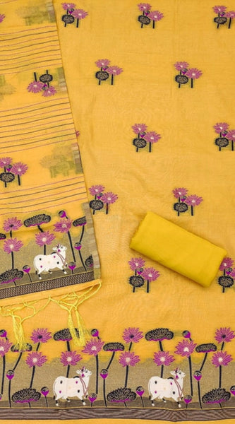 Mayawye Women's Banarasi Silk Printed Unstitched Salwar Suit Material With Dupatta (Yellow, 3Mtrs)