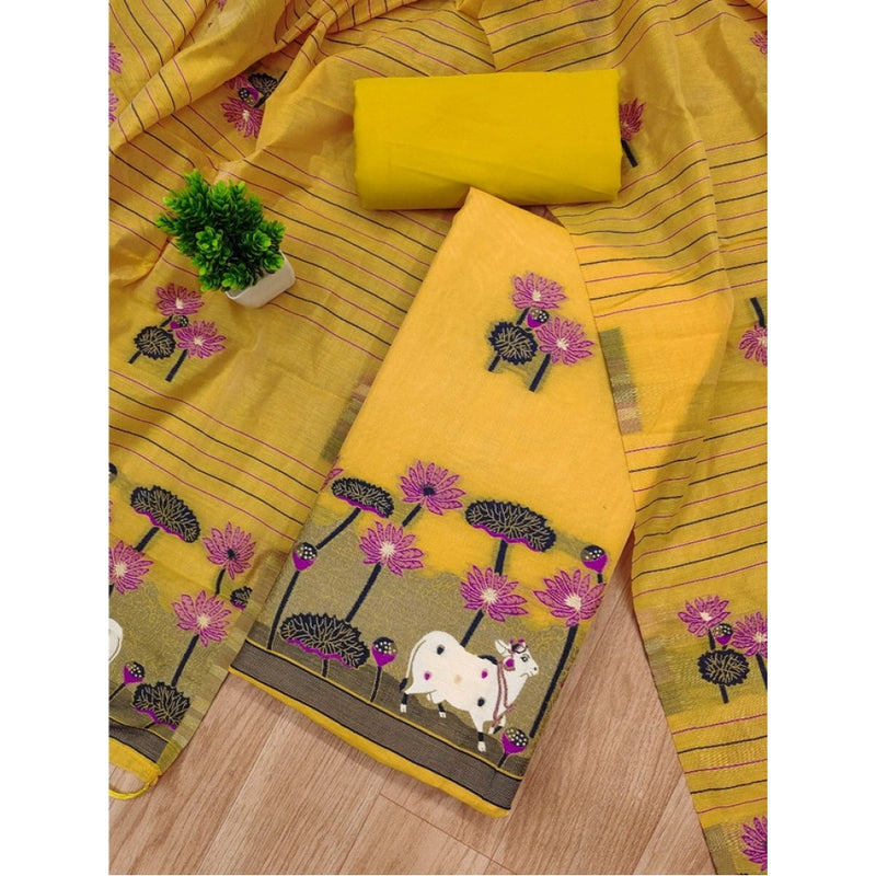Mayawye Women's Banarasi Silk Printed Unstitched Salwar Suit Material With Dupatta (Yellow, 3Mtrs)