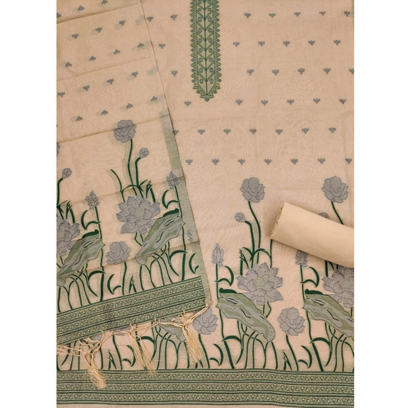 Mayawye Women's Banarasi Silk Printed Unstitched Salwar Suit Material With Dupatta (Cream, 3Mtrs)