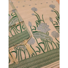 Mayawye Women's Banarasi Silk Printed Unstitched Salwar Suit Material With Dupatta (Cream, 3Mtrs)