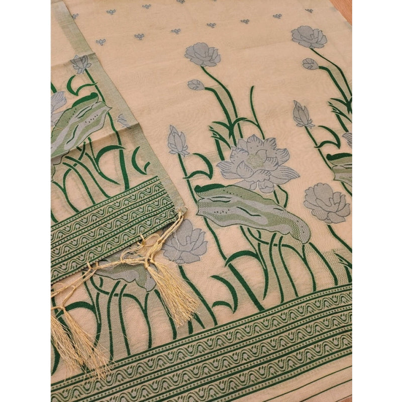 Mayawye Women's Banarasi Silk Printed Unstitched Salwar Suit Material With Dupatta (Cream, 3Mtrs)