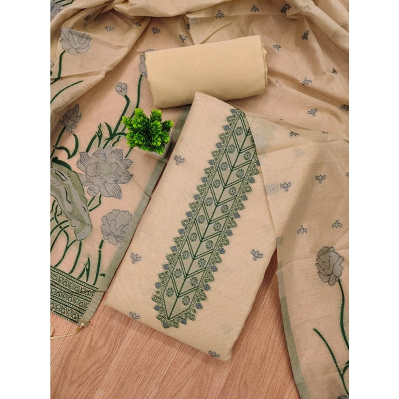 Mayawye Women's Banarasi Silk Printed Unstitched Salwar Suit Material With Dupatta (Cream, 3Mtrs)