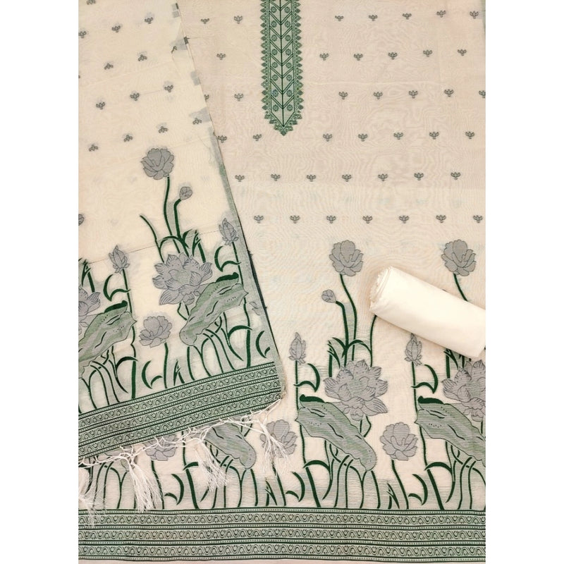 Mayawye Women's Banarasi Silk Printed Unstitched Salwar Suit Material With Dupatta (OffWhite, 3Mtrs)