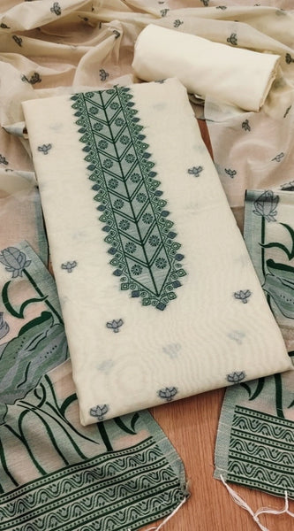 Mayawye Women's Banarasi Silk Printed Unstitched Salwar Suit Material With Dupatta (OffWhite, 3Mtrs)