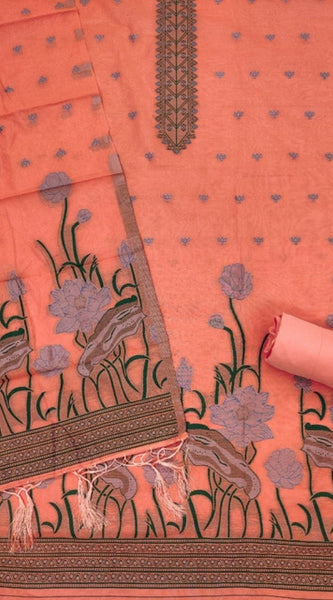 Mayawye Women's Banarasi Silk Printed Unstitched Salwar Suit Material With Dupatta (Peach, 3Mtrs)