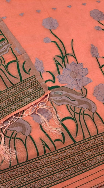 Mayawye Women's Banarasi Silk Printed Unstitched Salwar Suit Material With Dupatta (Peach, 3Mtrs)