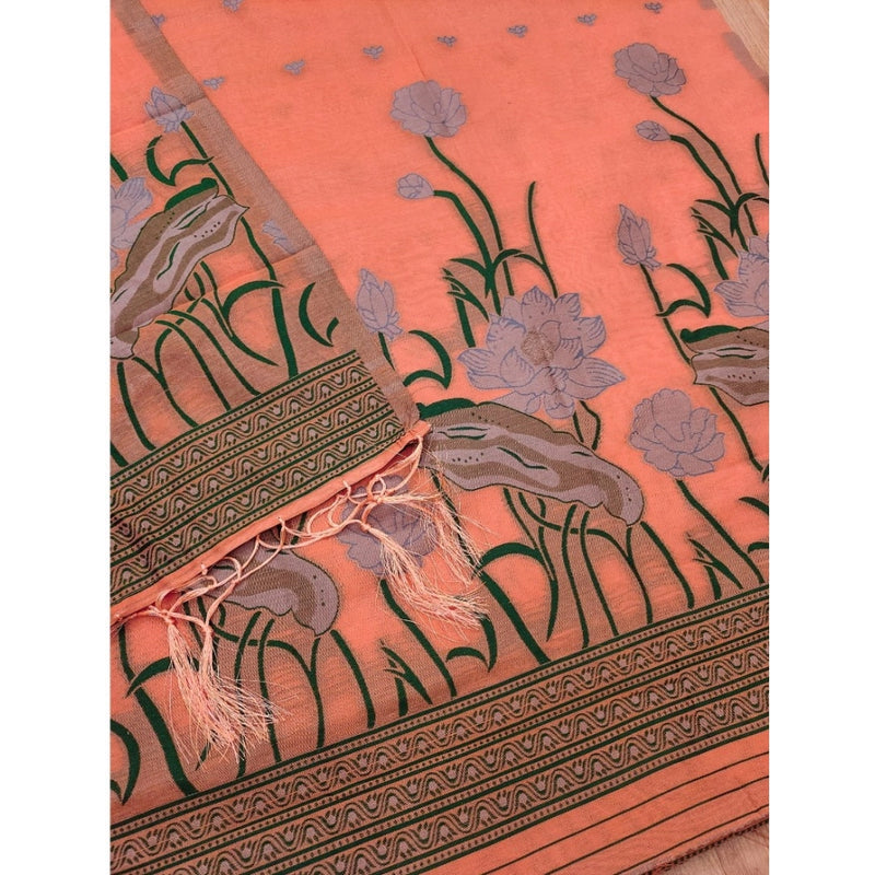 Mayawye Women's Banarasi Silk Printed Unstitched Salwar Suit Material With Dupatta (Peach, 3Mtrs)