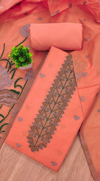 Mayawye Women's Banarasi Silk Printed Unstitched Salwar Suit Material With Dupatta (Peach, 3Mtrs)