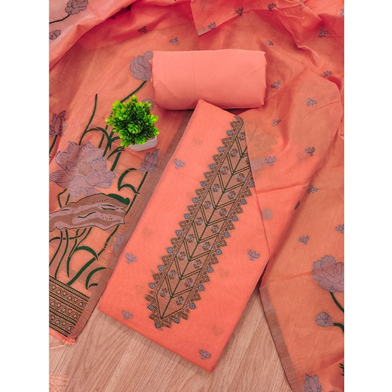 Mayawye Women's Banarasi Silk Printed Unstitched Salwar Suit Material With Dupatta (Peach, 3Mtrs)