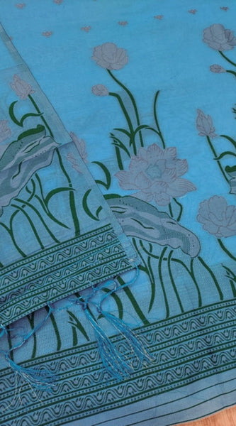 Mayawye Women's Banarasi Silk Printed Unstitched Salwar Suit Material With Dupatta (SkyBlue, 3Mtrs)
