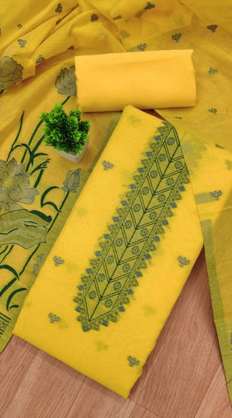 Mayawye Women's Banarasi Silk Printed Unstitched Salwar Suit Material With Dupatta (Yellow, 3Mtrs)