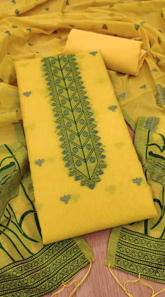 Mayawye Women's Banarasi Silk Printed Unstitched Salwar Suit Material With Dupatta (Yellow, 3Mtrs)