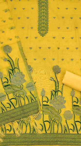 Mayawye Women's Banarasi Silk Printed Unstitched Salwar Suit Material With Dupatta (Yellow, 3Mtrs)