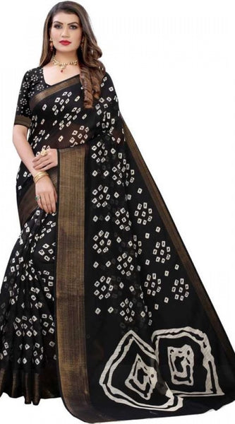 Mayawye Women's Cotton Silk Bandhni Saree With Unstitched Blouse 5.5Mtr (Black)