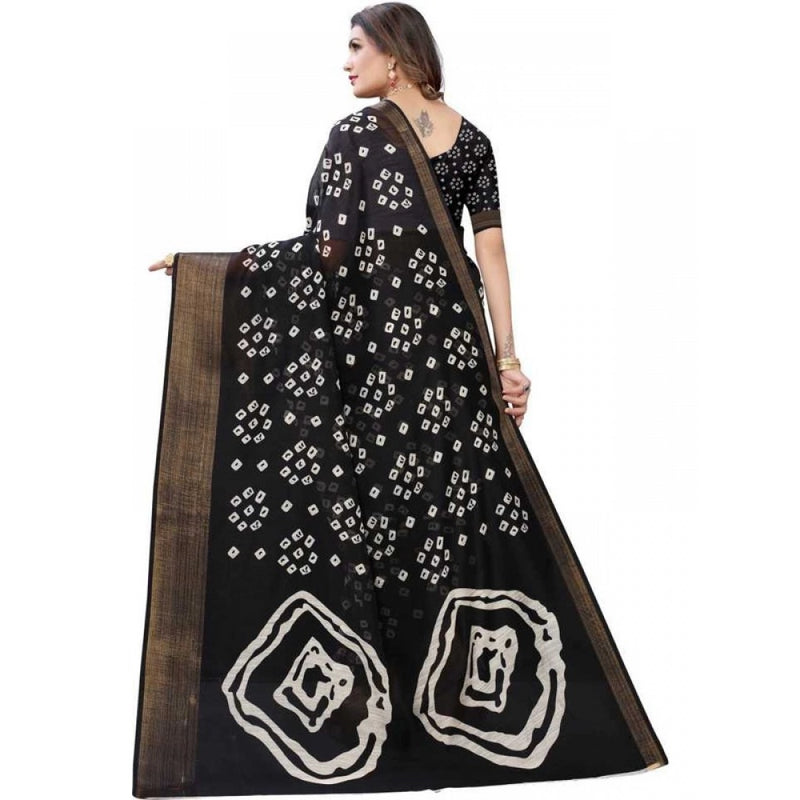 Mayawye Women's Cotton Silk Bandhni Saree With Unstitched Blouse 5.5Mtr (Black)
