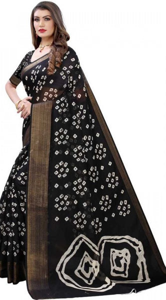Mayawye Women's Cotton Silk Bandhni Saree With Unstitched Blouse 5.5Mtr (Black)